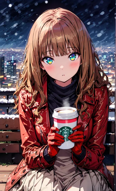  Minami Yume, long hair, brown hair, green eye, bangs,Medium breast,blush,opening from the front,white breath,trench coat, half up do,(sweater  :1.2),( turtleneck:1.2),blue scarf , white long skirt, Bbo~,red gloves ,sitting on a bench,I'm holding a coffee ...