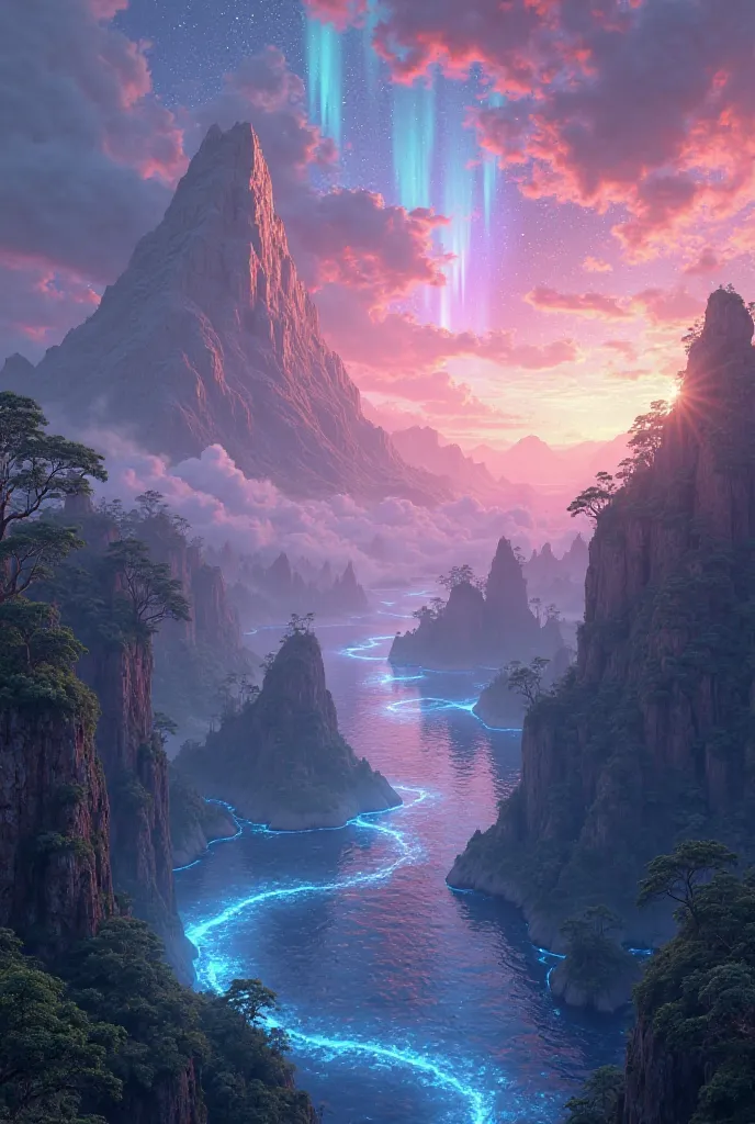 A breathtaking, dreamlike landscape with floating islands, glowing blue rivers, and a sky full of colorful auroras. The scene is bathed in soft golden and purple lighting, creating a surreal and mystical atmosphere. Highly detailed, cinematic, and artistic...