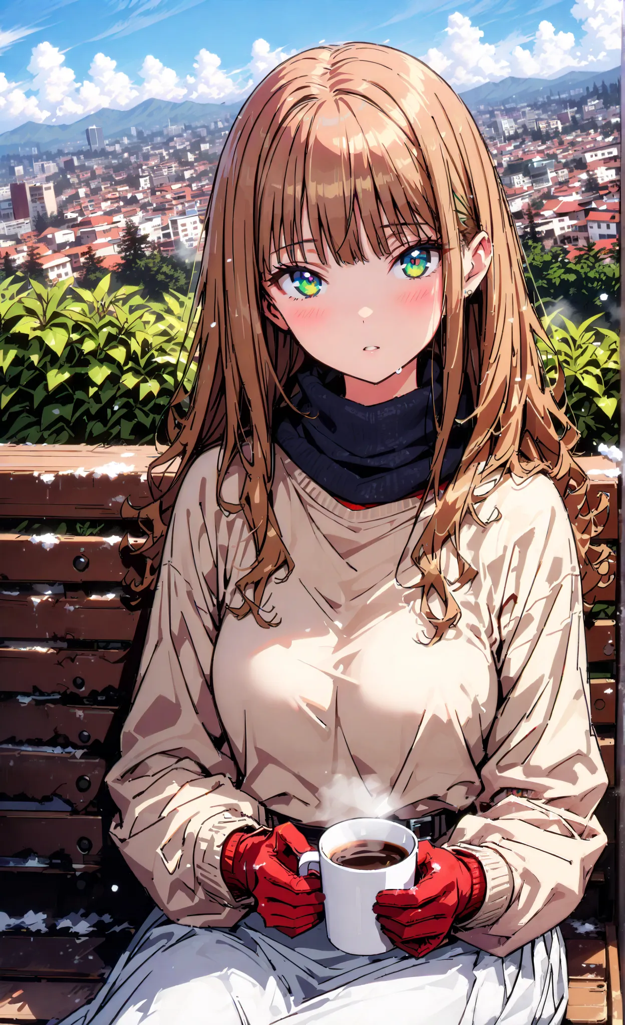  Minami Yume, long hair, brown hair, green eye, bangs,Medium breast,blush,opening from the front,white breath,trench coat, half up do,(sweater  :1.2),( turtleneck:1.2),blue scarf , white long skirt, Bbo~,red gloves ,sitting on a bench,I'm holding a coffee ...