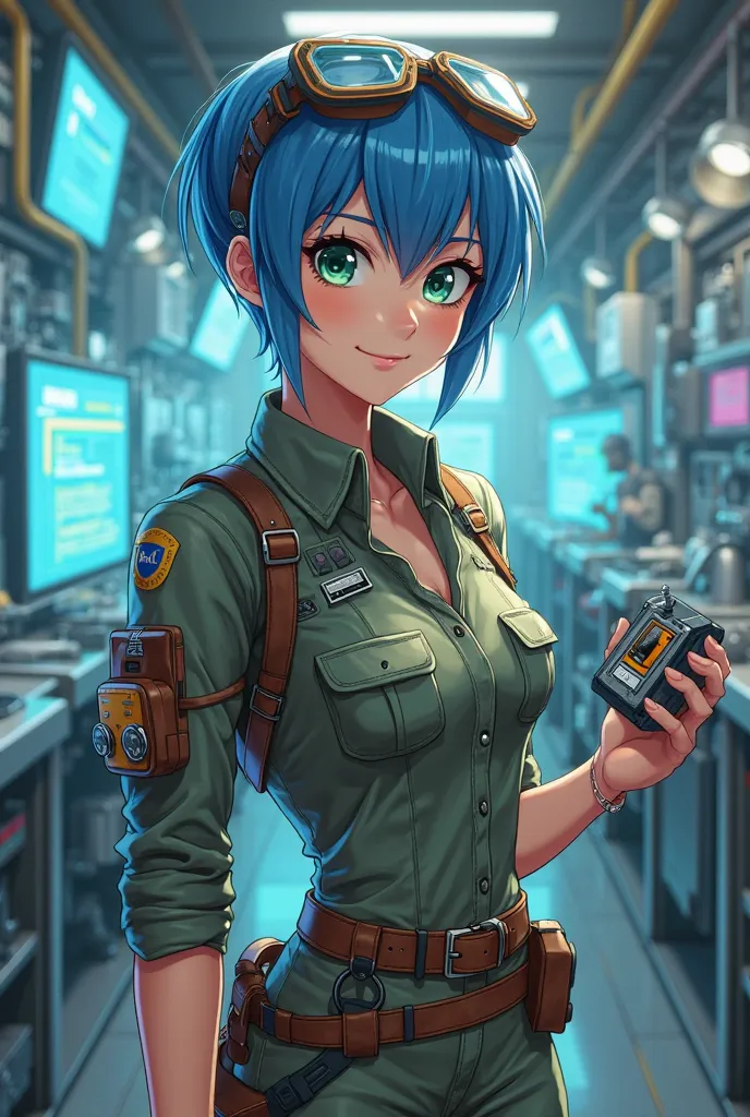 A confident and adventurous young woman with bright blue hair styled in a short, stylish cut. She wears a futuristic yet practical outfit, consisting of a fitted utility jumpsuit with various pockets, a leather belt with pouches, and high-tech goggles rest...