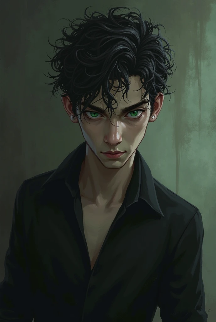 A handsome white male，, short black curls，, clear facial features, three-dimensional contours，Deep eye sockets， dark green eyes ， sharp eyesight ，High nose bridge thin lips，Humid temperament、gloomy and indifferent，Sneered。 wearing a black shirt ，, fit and ...