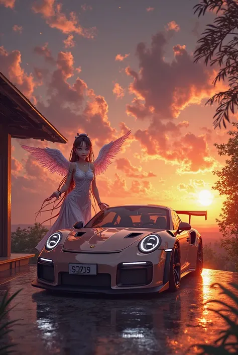 Create a porch 911 gt3 rs at sunset and back to Tokisaki Kurumi with Zaphkiel and the letters "時崎狂三" arriba