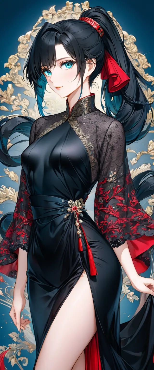 best quality, incredibly absurdres, extremely detailed, 2.5D, delicate and dynamic, beautiful woman, black hair pony tail, gorgeous and glamorous black evening dress, red lines, shiny satin fabric, lace, embroidery, robes, shawls, accessories, captivating ...