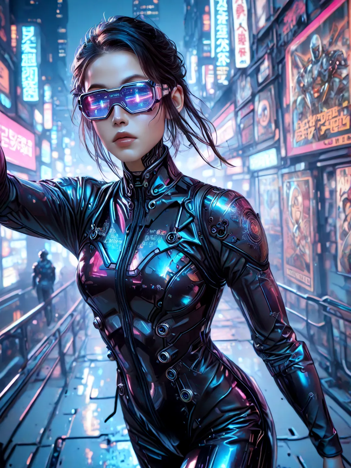 1girl, a girl in cybernetic chinese suit, dynamic pose, dynamic angle, cyberpunk, upper body shot newchinesestylesuit cyber_glasses alphonse mucha jakubrozalskistyle cyberpunk android-seams reelmech Painted poster