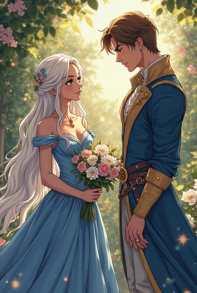 Stylish Anime illustrates in a corner of the garden, illuminated by the evening light, a young woman with long white hair and golden eyes in a deep blue princess dress ,  is standing, facing her, a tall, strong and muscular with tanned skin, brown hair gre...