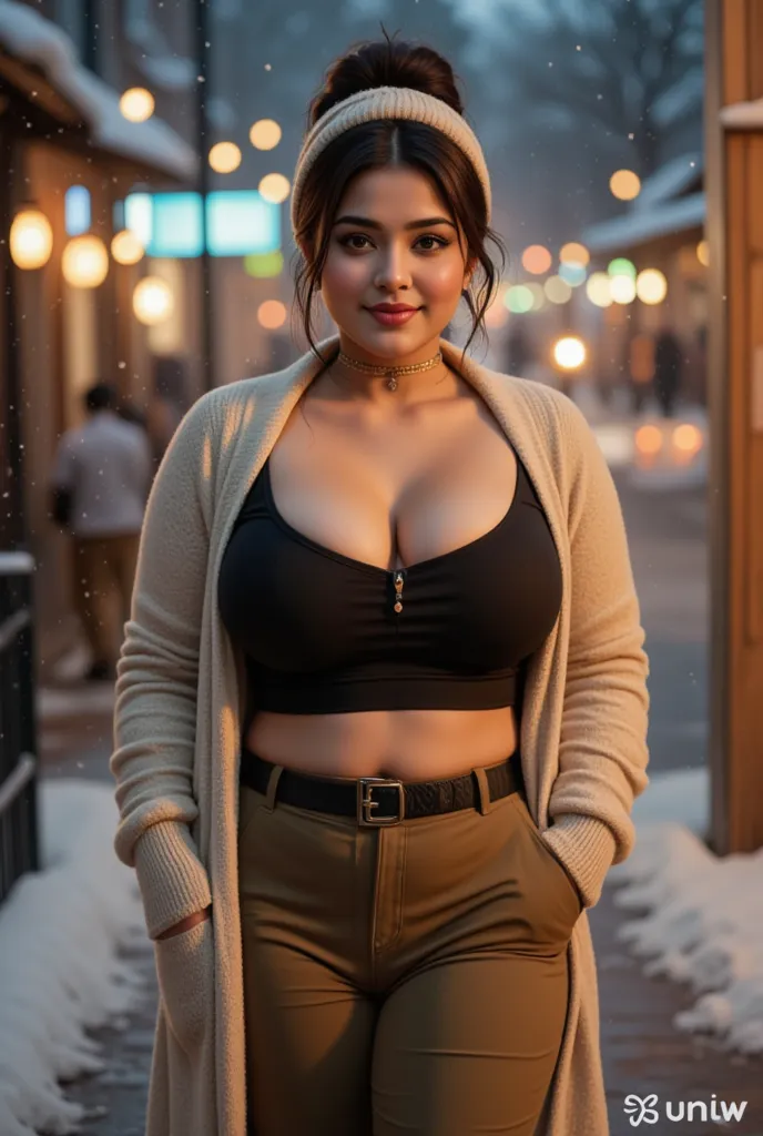   Gorgeous curvy plus-size Indian Bengali actress Ritavori, glowing eyes, wearing a wool cardigan, shirt,  trousers, belt,  beanie, covered bust, parted lips, blushing cheeks, thick thighs, bigger waist, busty, curvy plus-size body, full body shot, head-to...