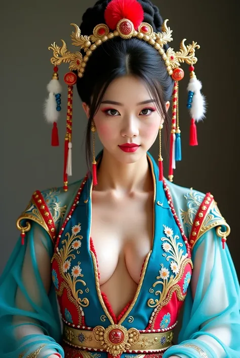 Beautiful Asian woman, 18 years.
Open chest, no buttoned shirt, Very large chest, size 45 inches,

a person in an elaborate, fantasy-inspired costume with elements of traditional Chinese design. The outfit includes intricate embroidery, vibrant blue and re...