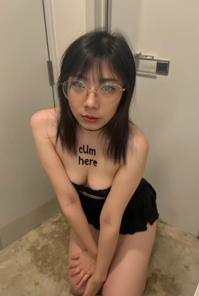 asian, bangs, glasses, petite, small breasts, Dressed as a slutty ******girl with 'slut' written in capitals on her forehead and 'cUm here' written on her chest, in a dirty bathroom, on her knees posing, ruined makeup, Anatomically Correct, From Above, Rea...