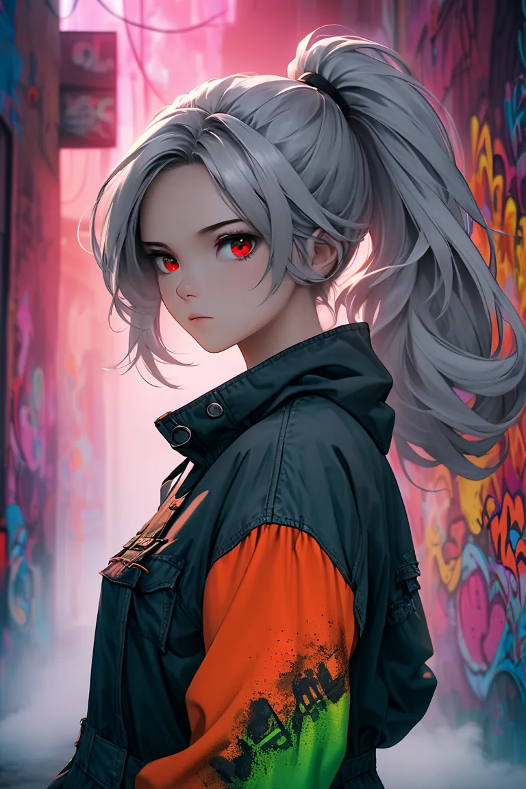 Gray Hair、ponytail hairstyle、 red eyes、beautiful eyes、chest、1 girl、The background is graffiti art、colorful、The illustration is completely foggy