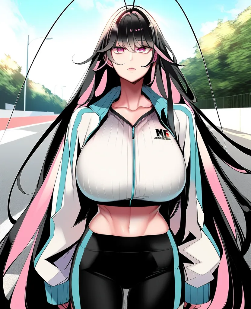 score_9, score_8_up, score_7_up, score_6_up, source_anime, rating_explicit, 1girl, (solo:1.2), huge breasts, very long hair, black hair, pink hair, pink eyes, colored inner hair, antenna hair, sidelocks, white jacket, track jacket, long sleeves, collarbone...