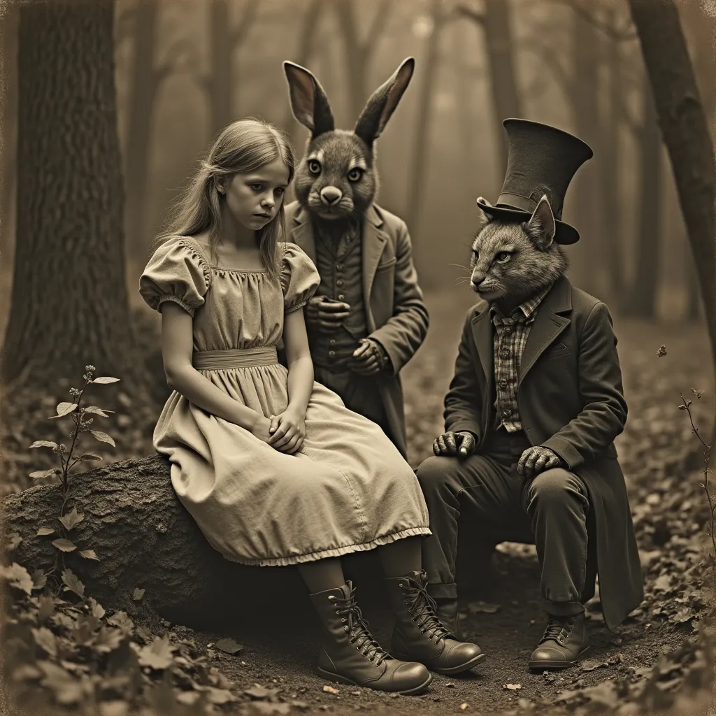  Alice in Wonderland as a scared  , realist, Sepia photo from 1920 . rabbit,  The Mad Hatter and the Cat Wear Ugly Masks,  realists y worn-out dark boots . 
seated in the forest.  The image is realistic and gloomy .  Alice is beautiful without makeup ,  in...