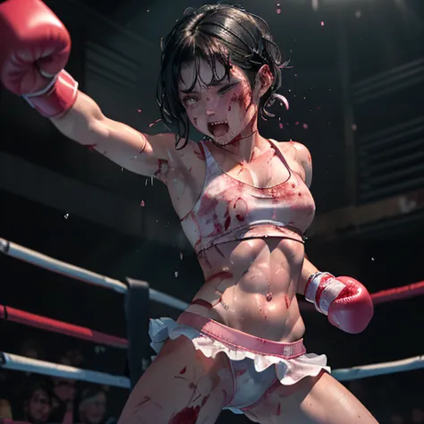 (((((The opponent's fist is digging into her stomach))))). (((two girl fighters))) are fighting in the octagon fighting ring of underground arena. (((a bloody girl fighter is in big pain))). (((((A girl fighter is striking into a crying bloody girl fighter...