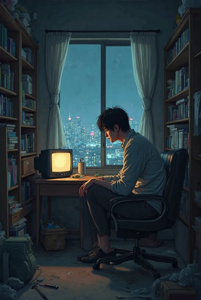 A 26-year-old young man, Takemichi Hanagaki, sits alone in his small and messy apartment. His face looks tired and filled with sadness. The room is cluttered, a small TV glows dimly, and outside the window, the bright Tokyo skyline is visible.
