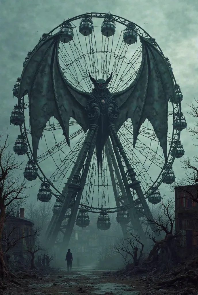 Generate a ferris wheel with bat design. Make it creepy but clean