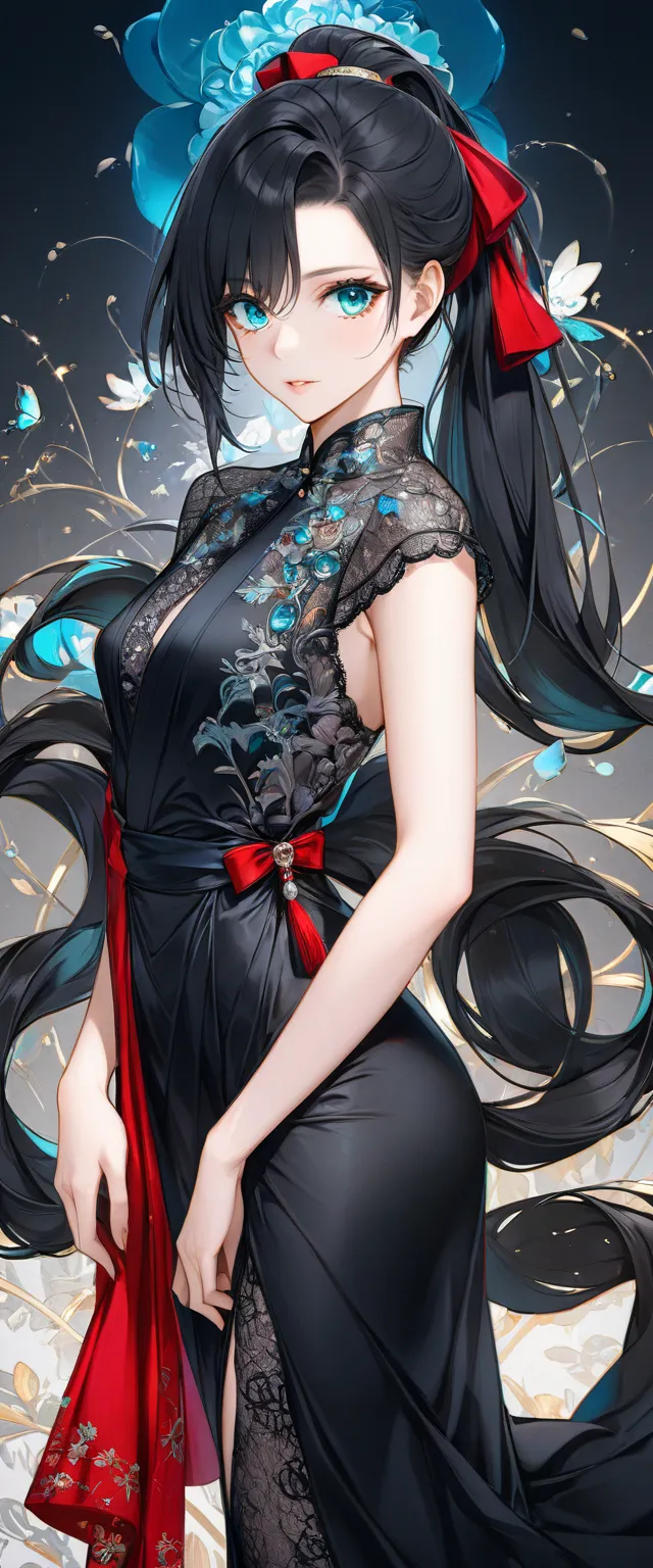 best quality, incredibly absurd, extremely detailed, 2.5D, delicate and dynamic, beautiful woman, black hair pony tail, gorgeous and glamorous black evening dress, red lines, shiny satin fabric, lace, embroidery, robes, shawls, accessories, captivating loo...