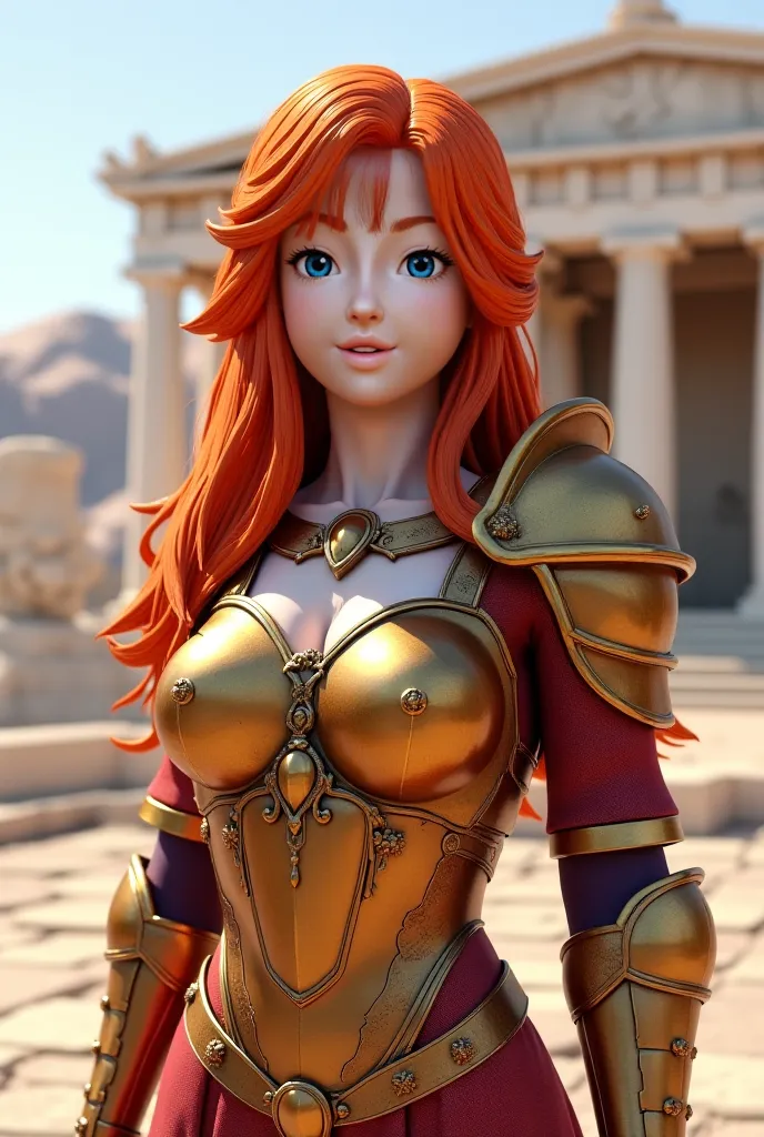 A woman in 3d with white skin color, long copper red hair color, Blue eye color her lips painted with red lipstick she is dressed in the Aries armor of the knights of the zodiac, The background is the sanctuary of Athens from the anime The Knights of the Z...