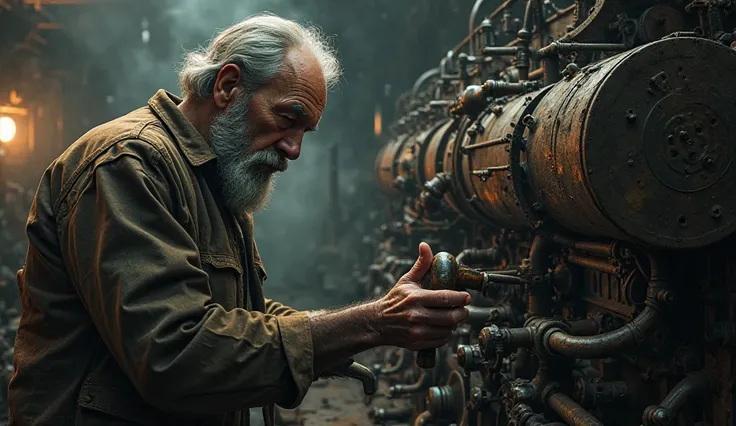 "A dramatic and cinematic scene set in the dimly lit engine room of an old, weathered ship. At the center stands a massive, rusty ship engine, its intricate gears and pipes tangled in a state of disrepair, shrouded in faint steam and shadows. The atmospher...