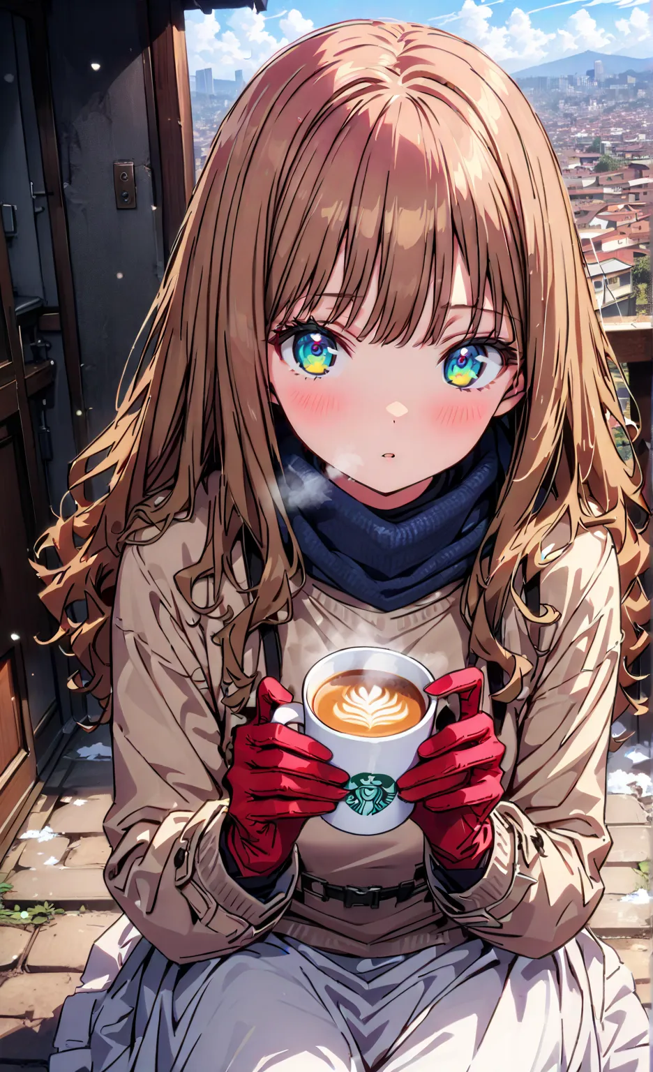  Minami Yume, long hair, brown hair, green eye, bangs,Medium breast,blush,opening from the front,white breath, duffle coat, half up do,(sweater  :1.2),( turtleneck:1.2),blue scarf , white long skirt, Bbo~,red gloves ,sitting on a bench,I'm holding a coffee...