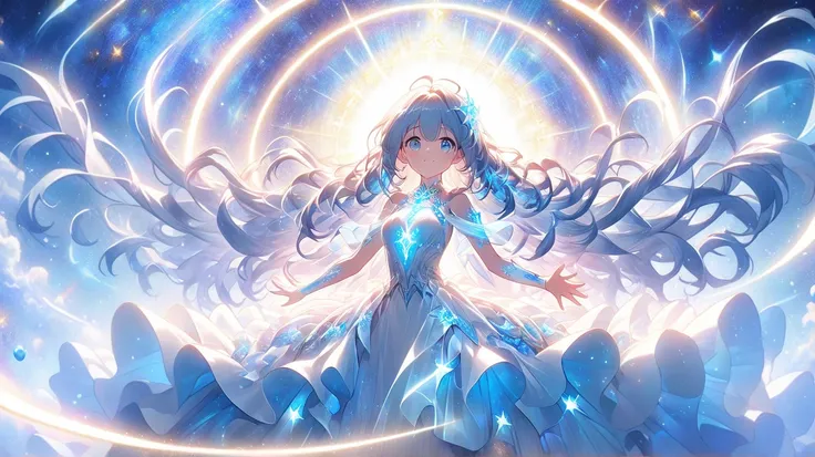 An anime-style celestial girl standing beneath a vast starry sky, reaching towards a radiant cosmic light. Her long, flowing hair sparkles like the stars, and her elegant dress glows softly. A magnificent nebula swirls above her, casting a dreamlike glow. ...