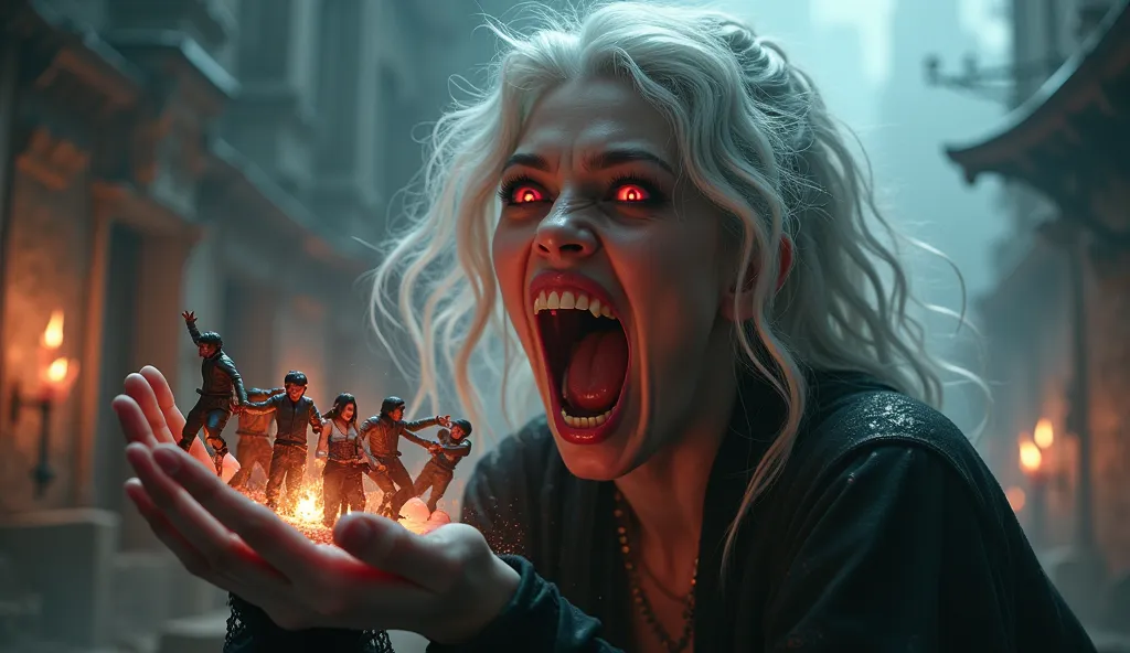 A powerful fantasy-style female character with pale silver hair and glowing red eyes, holding tiny men in her hand. She has an exaggerated open mouth with sharp fangs and an elongated tongue, as if about to swallow them. Her expression is playful yet menac...