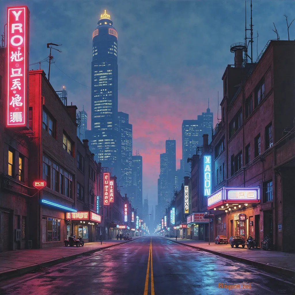 hirhiroshi nagai painting, retro futuristic, liminal street in Detroita highly detailed, masterpiece, photorealistic oil painting of a retro futuristic liminal street scene in Detroit, Michigan, USA, featuring a lonely, empty road surrounded by towering, n...