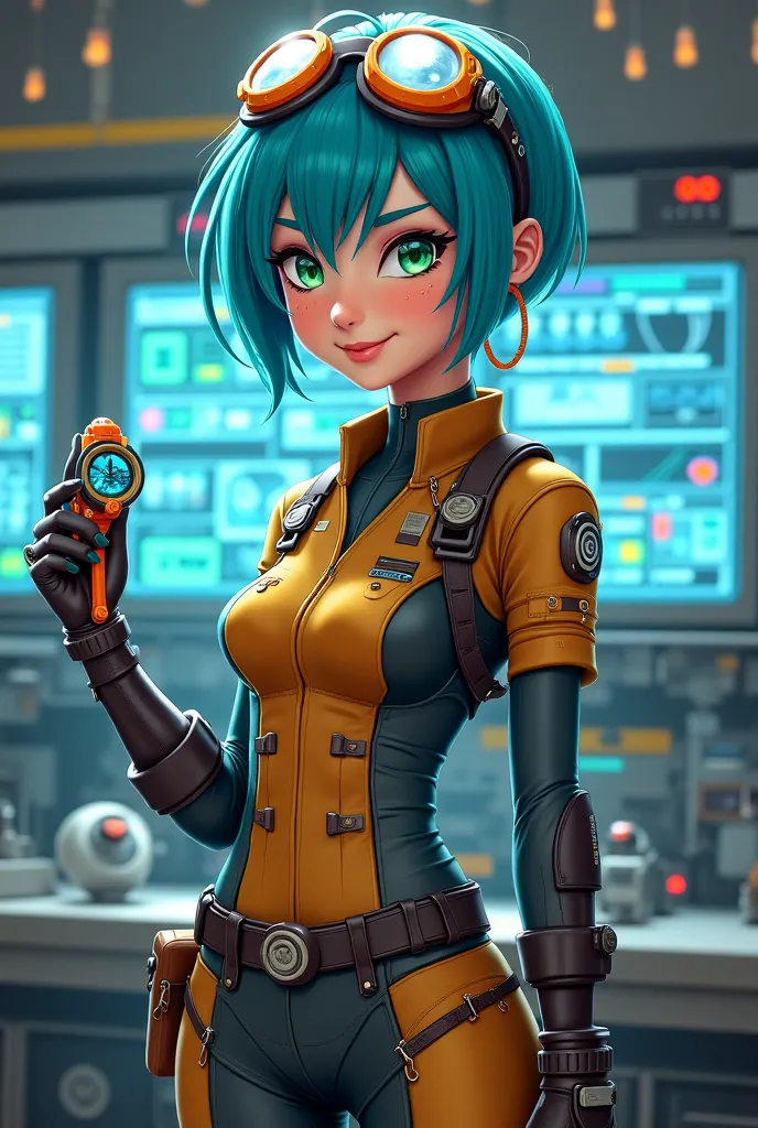 A confident and adventurous young woman with bright blue hair styled in a short, stylish cut. She wears a futuristic yet practical outfit, consisting of a fitted utility jumpsuit with various pockets, a leather belt with pouches, and high-tech goggles rest...