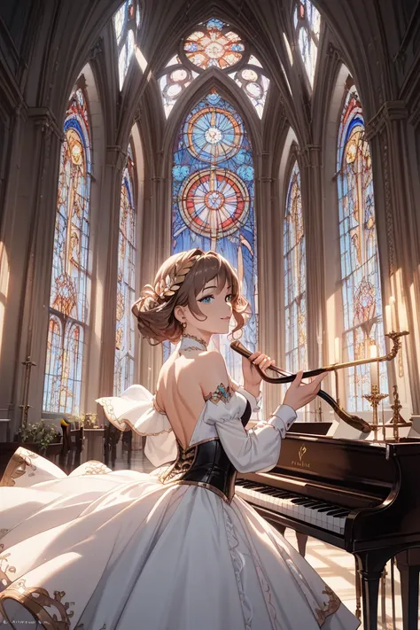 A beautiful stained glass church, One young young man with one brown hairstyle,  Eyes as beautiful as fresh green,Beautiful man playing a pipe organ  ,   there are so many musical notes around him ,