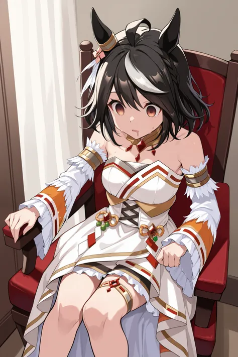 ( masterpiece, Ultra High Precision, 16k, RAW photo, complicated), (sharp concentration, Crisp details), (Wide range of colors, Vivid details), Noise reduction, 1 girl , (( Kitasan Black \( Uma Musume\)), (empty eyes), (Sleepy eyes:1.5), ( is bowing), (cha...