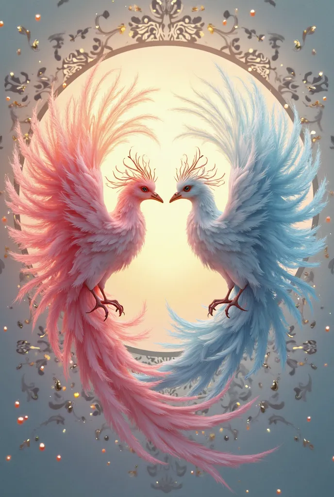 The clear image shows two beautiful colored phoenixes soaring up, they face each other, rolling towards each other like a circle. The background in the picture is a pink heart shape between two realistic phoenix birds. The background of the picture is a br...