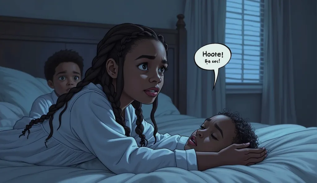 A young black girl with braids, wearing a white nightgown, giving a dramatic and mysterious ambiance. She has a text bubble that says : 'Aiii ! Remove !  it hurts  !'. Behind her, A young black boy, dressed in light blue pajamas, looks at her with a worrie...