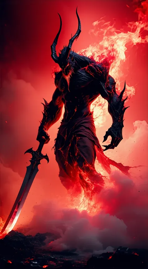 create an image of a demon , who looks like he is born from blood, coming straight from hell, have muscular body and wielding a demonic sword , the sword is emitting dark black smoke.