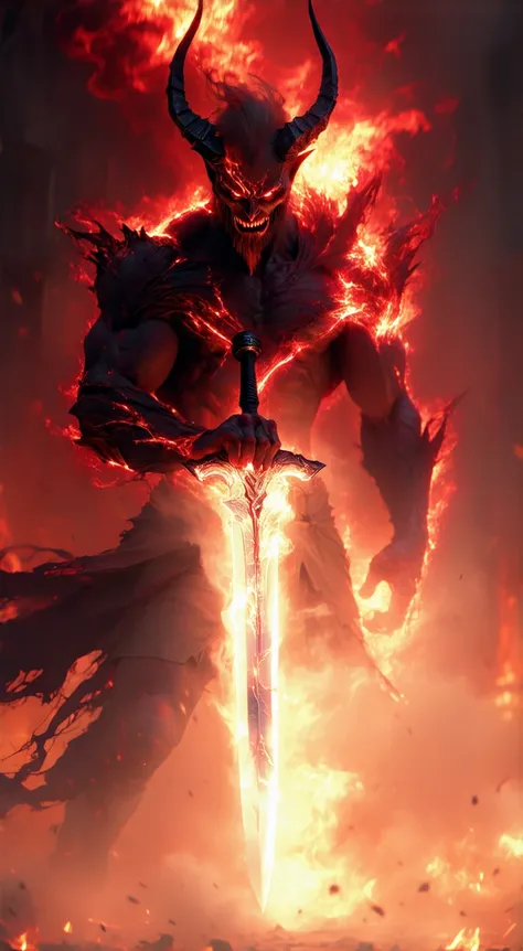 create an image of a demon , who looks like he is born from blood, coming straight from hell, have muscular body and wielding a demonic sword , the sword is emitting dark black smoke.