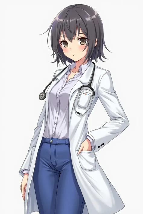 a woman in a white coat and blue pants posing for a picture, a character portrait by Okada Beisanjin, trending on pixiv, shin hanga, wearing lab coat and a blouse, with a lab coat, female anime character, anime character, best anime character design, anime...