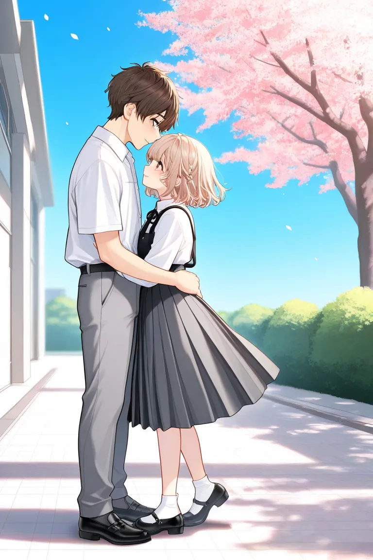 A 18 year old boy with blonde hair. Bridal carrying a girl also 18 year old. Both wearing school uniform 