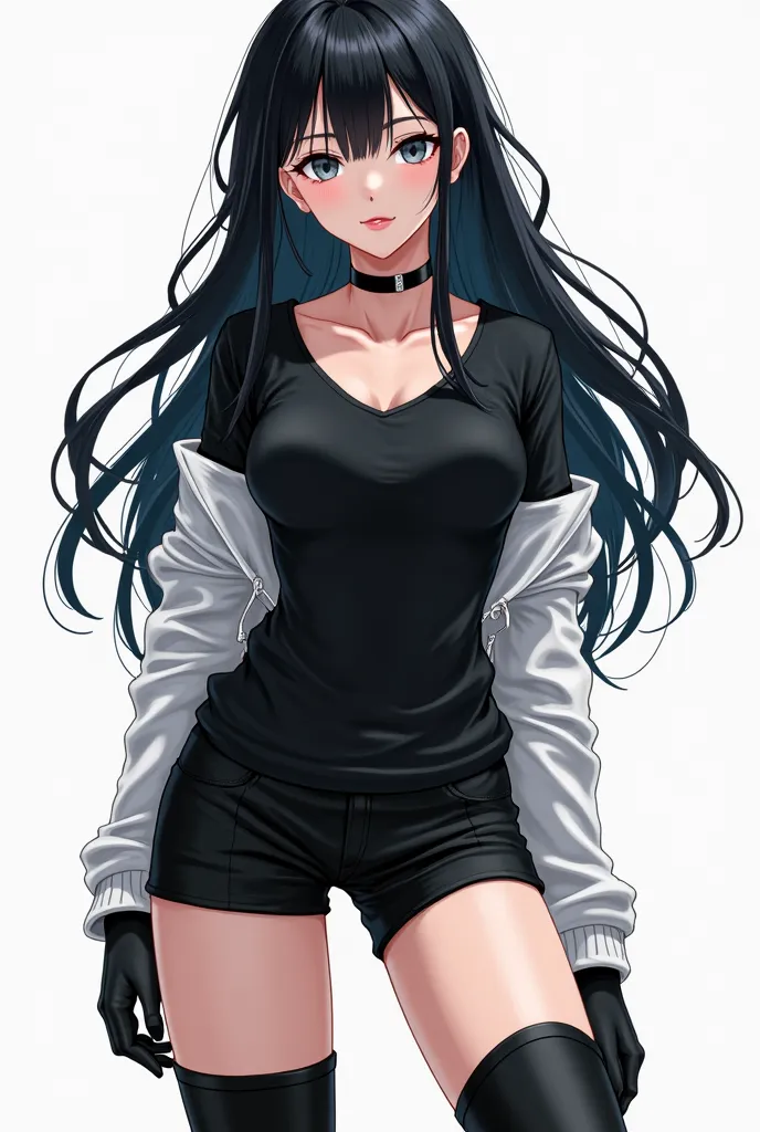 A girl in black boots and black shorts with long curly black hair and white leather and black sleeves and black shirt anime girl