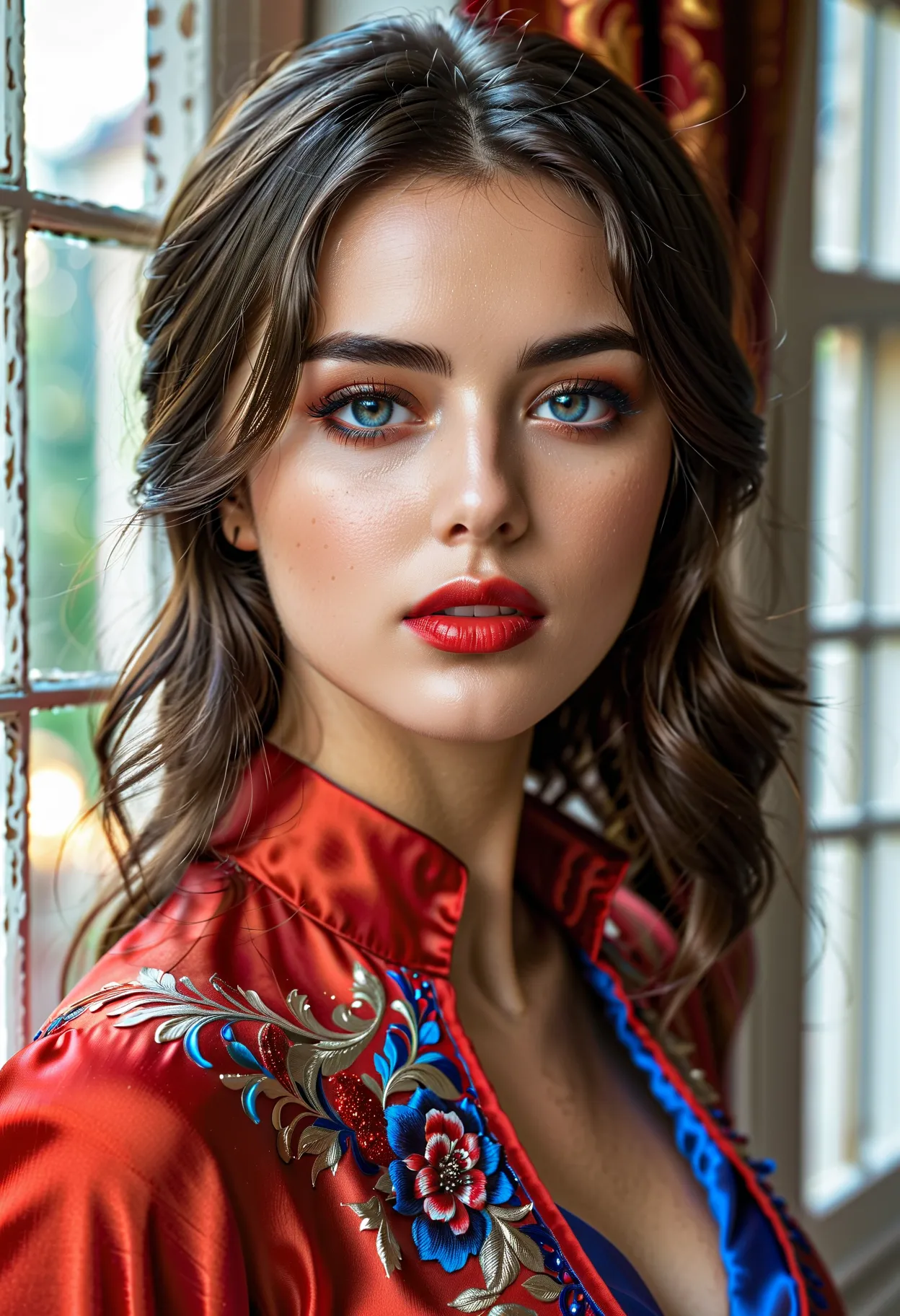 ( better quality, 4K, 8k, high resolution, Artwork: 1.2), (super detailed, realistic, Fotorrealistic:1.37)a young woman, captivating ,  wears a striking red/blue ensemble ,  stands in front of a window with an aura of toughness and determination.  Her char...