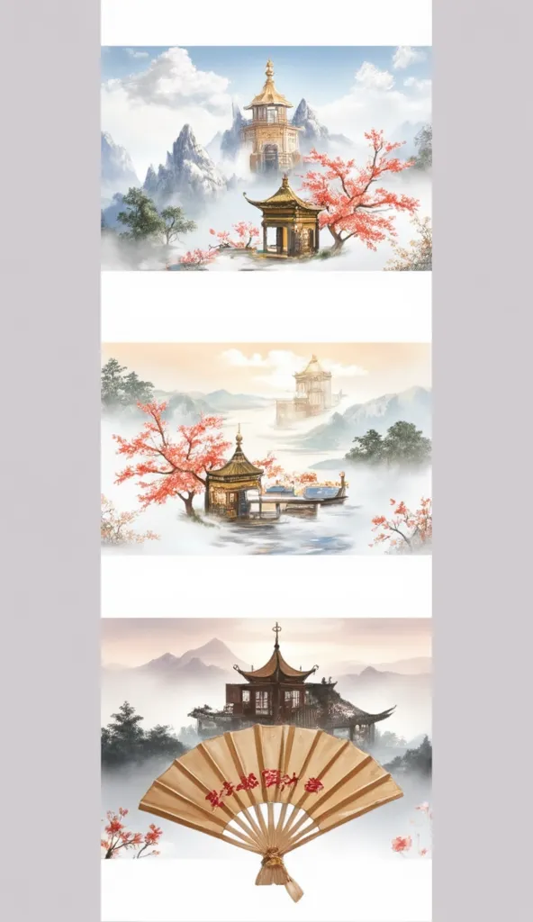 Three-screen painting with traditional Chinese style texture，Mountains and flowing clouds，Gilded octagonal pavilion，Hidden peach blossoms and green pines，Silky flow and mist，Exquisite tassel folding fan，Pearls and jade are exquisite and translucent with gr...