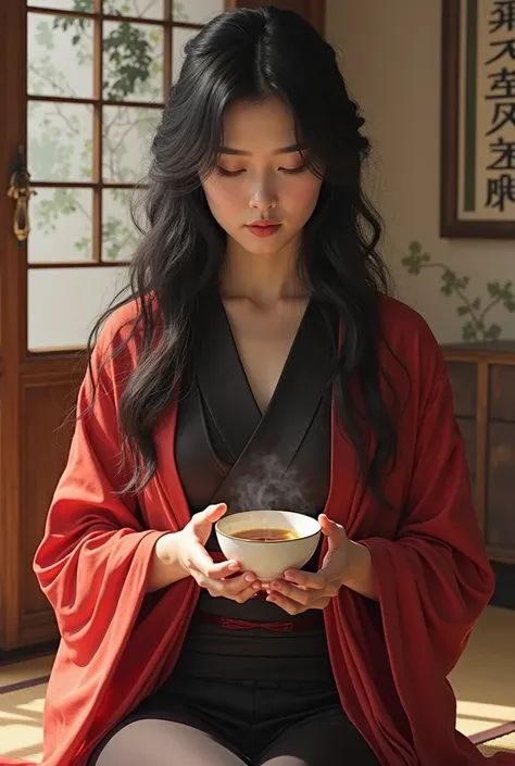 beautiful woman, drinking tea, red and black,detailed,japanese