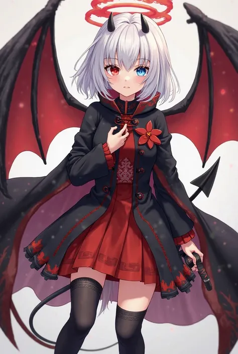 An anime Female with shoulder length white hair, Left Eye Blue and Right Eye Red, with C cup sized boobs, and a Black and Red Cloak and a black and red skirt slightly above the knees, black thigh high socks, black and red boots, with a Red Lily flower embl...