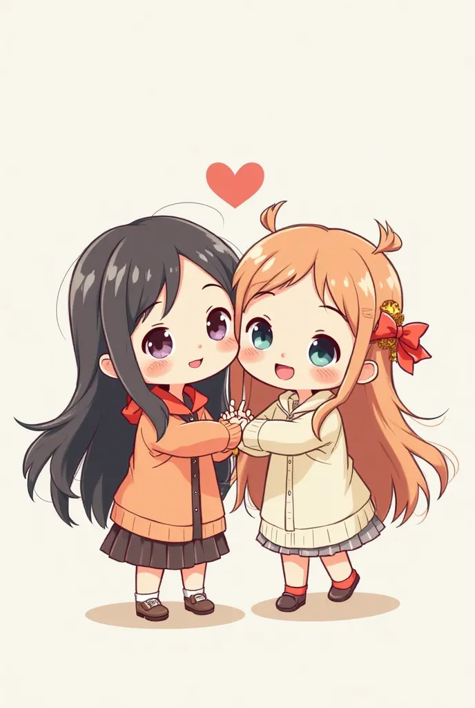 Make me a cute drawing of 2 female friends with a nice sentence, in English to cheer up my friend at work. simple figure, 2 long-haired chibi 