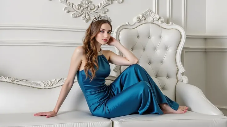 High quality, high definition photo of a very beautiful slender young pretty woman in a blue dress sitting on a white couch, wearing an evening gown, dressed beautiful gown, sexy gown, wearing an elegant dress, wearing a magnificent dress, stunning elegant...