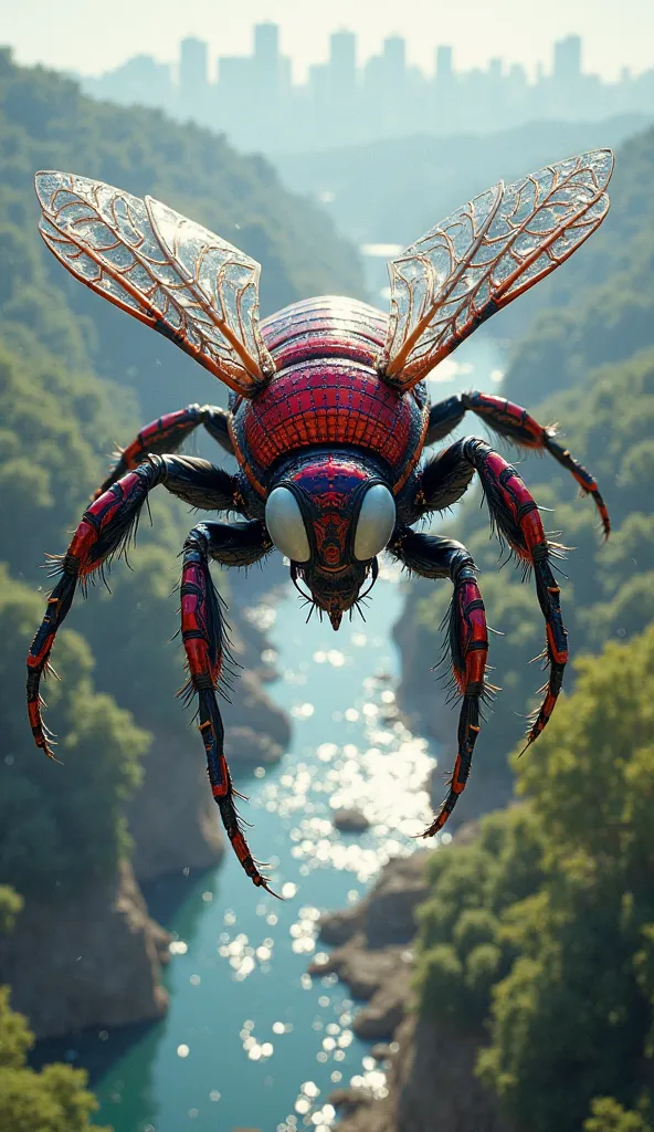 English: A gigantic, Spider-Man-inspired bee hovers over a wide, sparkling river, surrounded by lush green trees under the bright daylight. Its red and blue exoskeleton, covered in web-like black patterns, glows brilliantly as sunlight reflects off its mas...