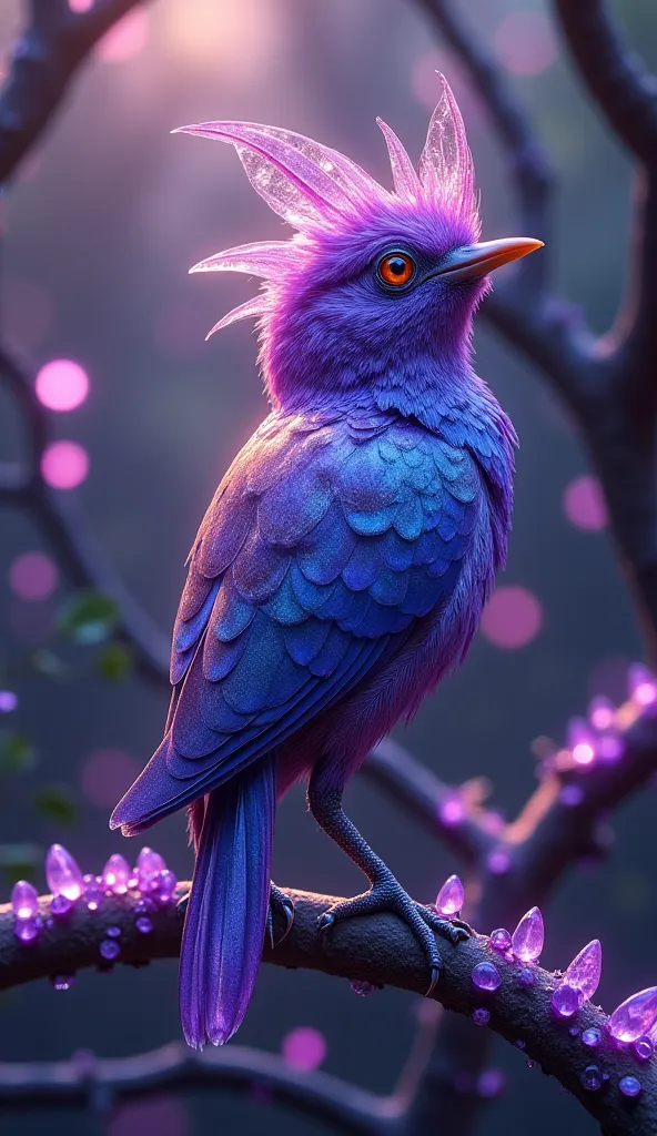 Here’s a detailed image prompt for a **Wilson’s Bird-of-Paradise + Amethyst hybrid**:  

"A mesmerizing hybrid of Wilson’s Bird-of-Paradise and Amethyst, perched gracefully on a shimmering crystalline branch. Its feathers glow with iridescent hues, blendin...