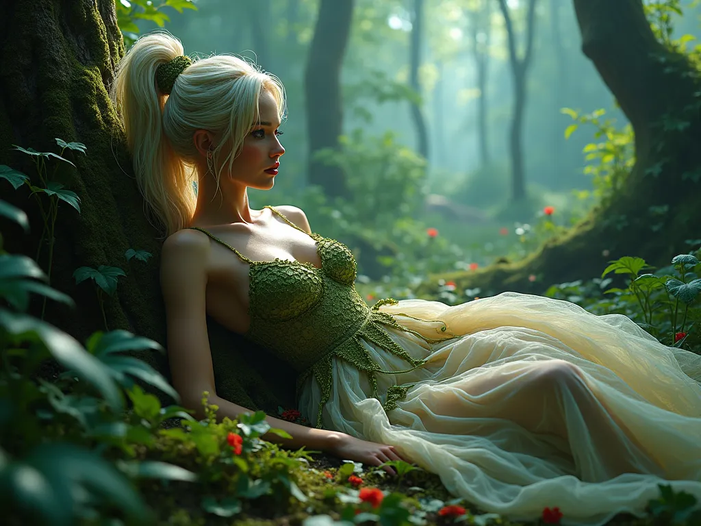 An incredibly intricate artwork masterpiece depicting a stunning royal poison ivy lounging on the forest floor in a stunning chiffon gown against a science fiction backdrop, creating a hallucination reminiscent of Luis Royo's unique style. Messy platinum b...