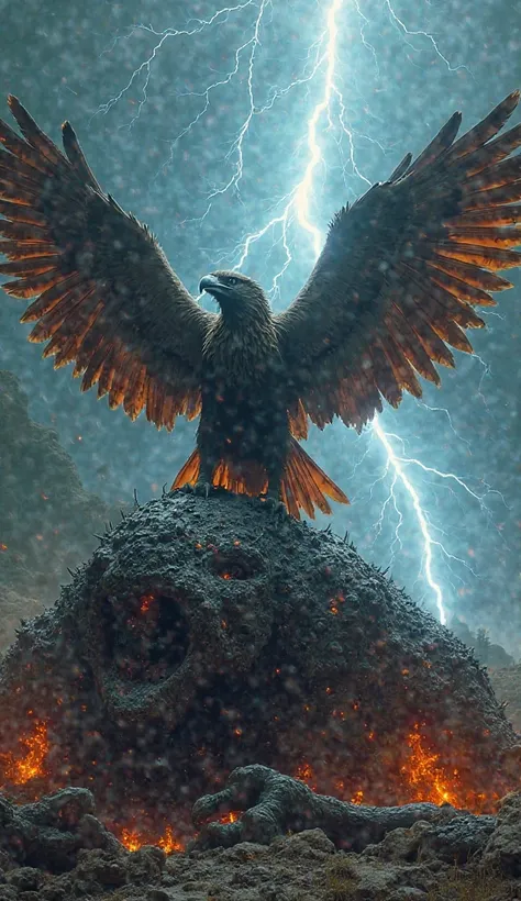 "The thunderbird perched upon the massive, still form of the behemoth, whose flesh is charred and smoking from lightning strikes. The victorious bird spreads its enormous wings in triumph, electricity still dancing between its feathers as it shrieks over i...