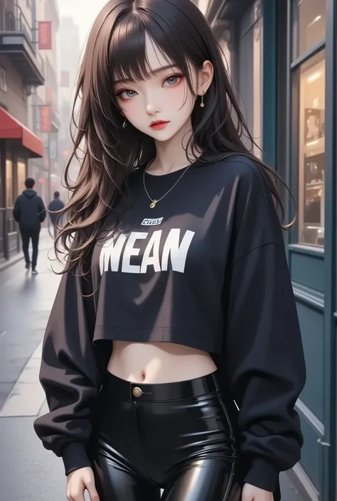 woman withblack and white streatwear, Tight bottoms, crop top sweatshirt, very tall, with thick thighs, wide hips, long legs, and a slender waist. green eyes, Long flowing Black hair . sad expression on face, Clean face. Nothing in her hand. A melancholy e...