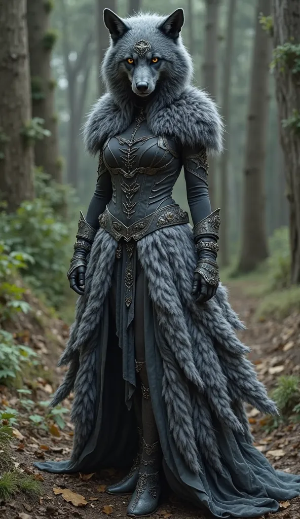 A wolf inspired dress for the hunger games, made by cinna, make it memorable and appealing to the eyes, the dress has a hood with a head of a wolf and the rest are his fur on the skirt, and the torso looks like a beautiful but deadly armor.