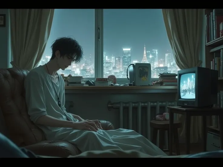 A 26-year-old young man, Takemichi Hanagaki, sits alone in his small and messy apartment. His face looks tired and filled with sadness. The room is cluttered, a small TV glows dimly, and outside the window, the bright Tokyo skyline is visible.
