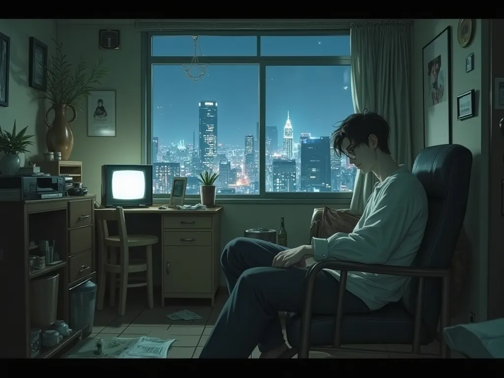 A 26-year-old young man, Takemichi Hanagaki, sits alone in his small and messy apartment. His face looks tired and filled with sadness. The room is cluttered, a small TV glows dimly, and outside the window, the bright Tokyo skyline is visible.
