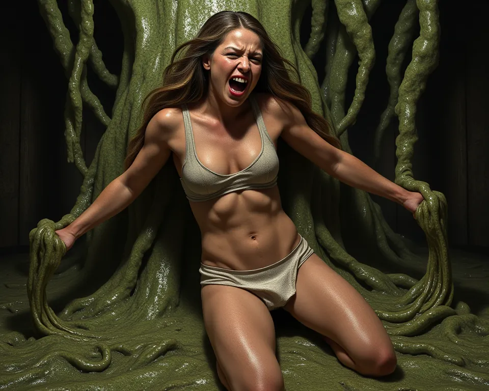 Woman in underwear being eaten by giant slime。
 she is screaming in so much pain。
She has wide open thighs。
Slime is slurping her 。
実写風
tearsを流しながら助けを求めている
号泣，tears